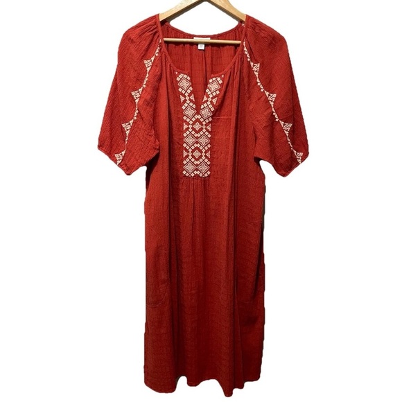 J. Jill Embroidered Boho Midi Dress Women’s L Coral Orange Flowy Resort - Picture 3 of 7